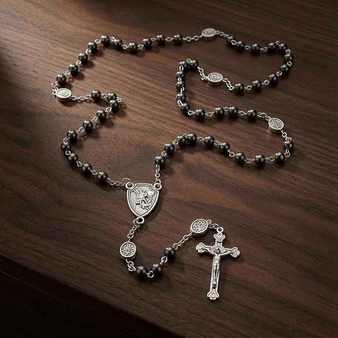 Hematite Rosary Necklace Silver-Plated St. Michael Archangel Medal & Crucifix with Metal Box