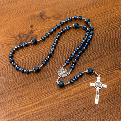 Blue Crystal Rosary Necklace with Tiger Eye Beads St. Benedict Medal & INRI Crucifix