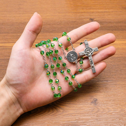Green Crystallized Glass Beads Rosary Necklace with St. Benedict Medal & Crucifix