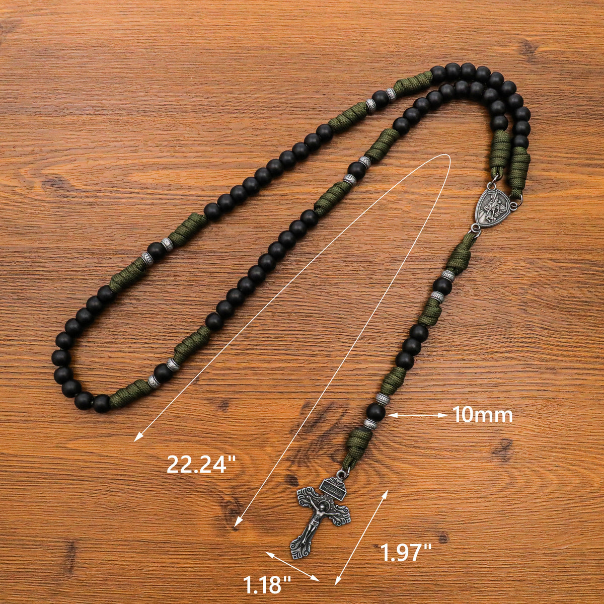 Black Beaded Olive Green Paracord Catholic Rosary Necklace with St. Michael Crucifix