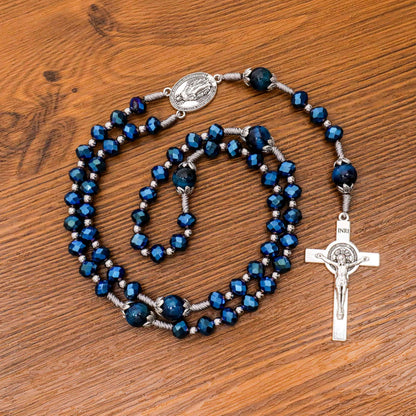 Blue Crystal Rosary Necklace with Tiger Eye Mystery Beads Miraculous Medal & INRI Crucifix