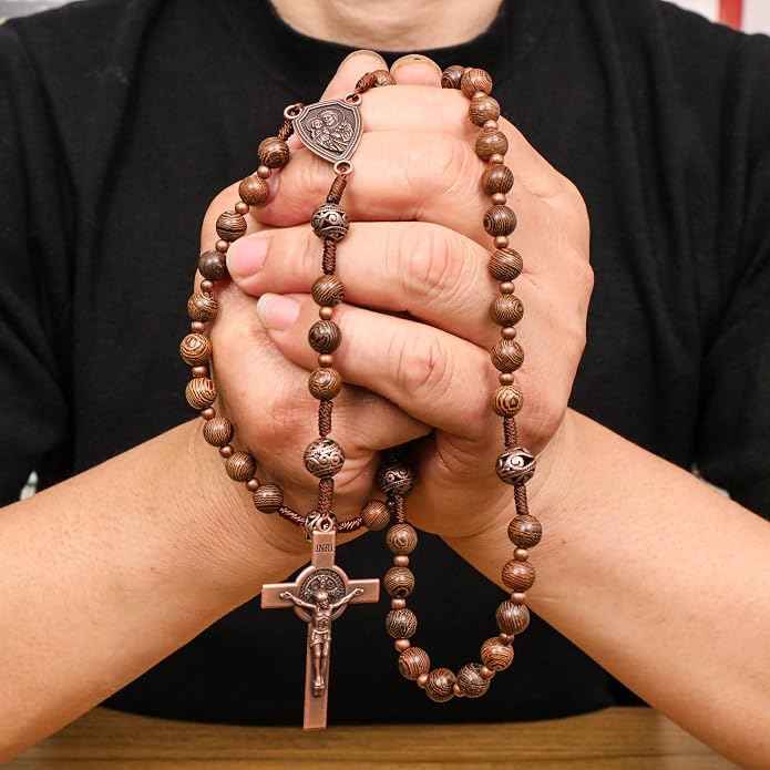 Olive Wood Rosary Necklace Metal Glory Beads with St. Joseph Medal & Cross Crucifix