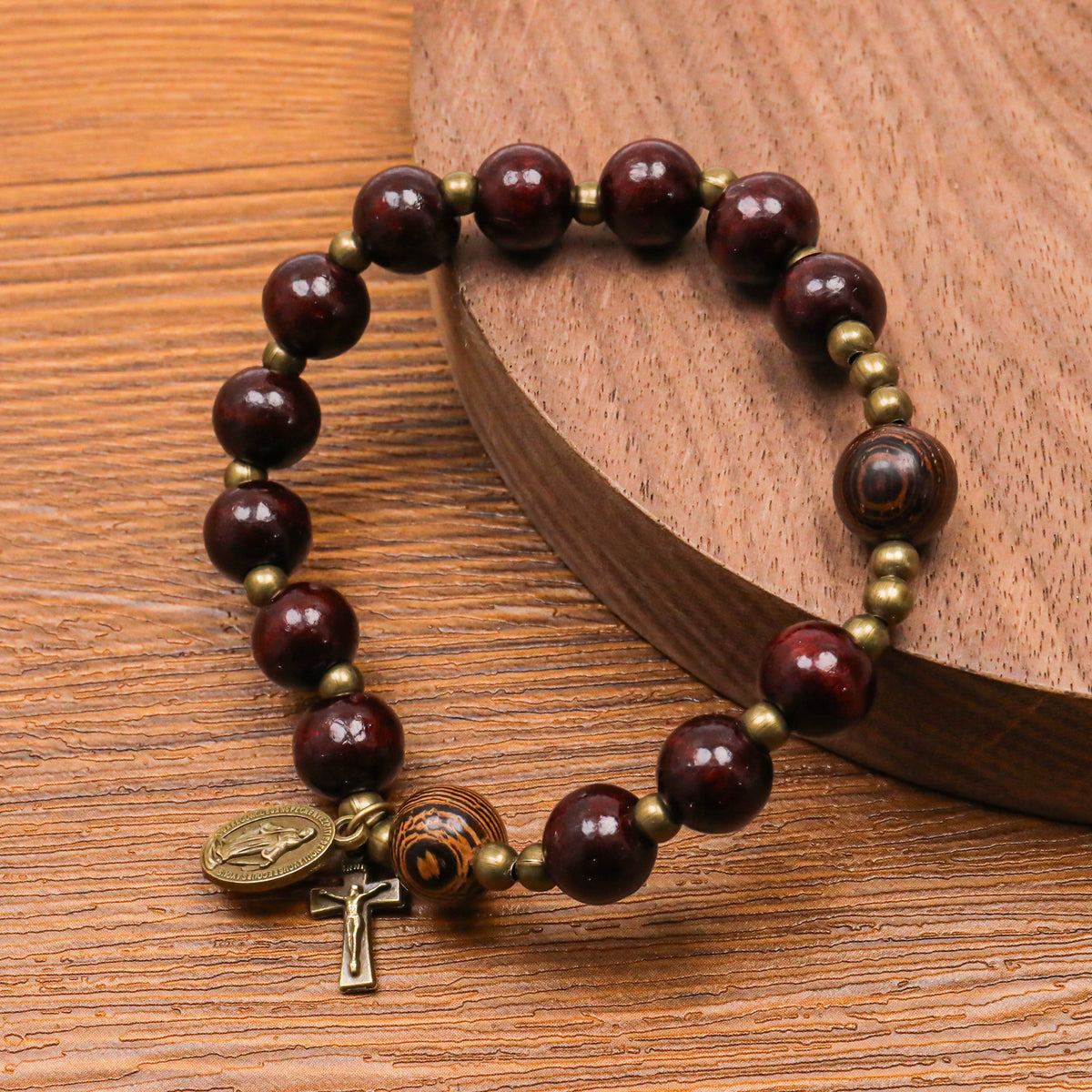 Dark Brown Wooden Bead Rosary Bracelet with Antique Bronze Miraculous Medal & Cross