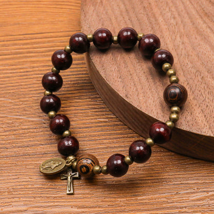 Dark Brown Wooden Bead Rosary Bracelet with Antique Bronze Miraculous Medal & Cross