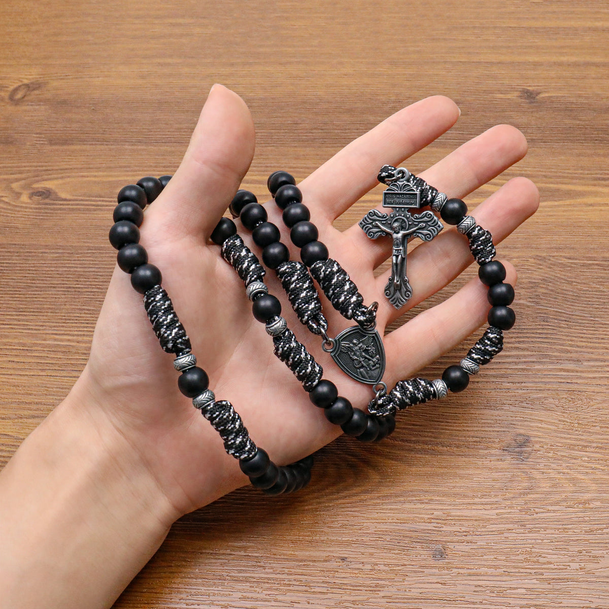Black Beaded Black & White Paracord Catholic Rosary with St. Michael Medal & Pardon Crucifix
