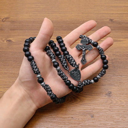 Black Beaded Black & White Paracord Catholic Rosary with St. Michael Medal & Pardon Crucifix