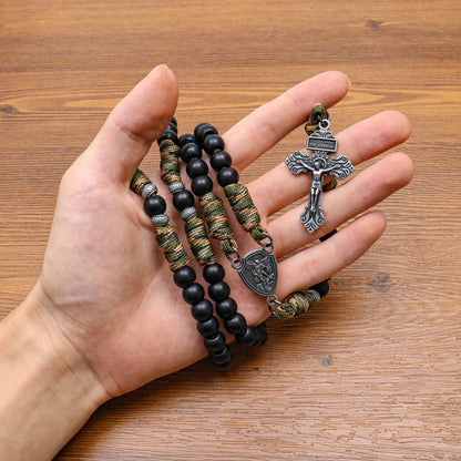 Black Beaded Green & Brown Paracord Catholic Rosary with St. Michael Medal & Pardon Crucifix