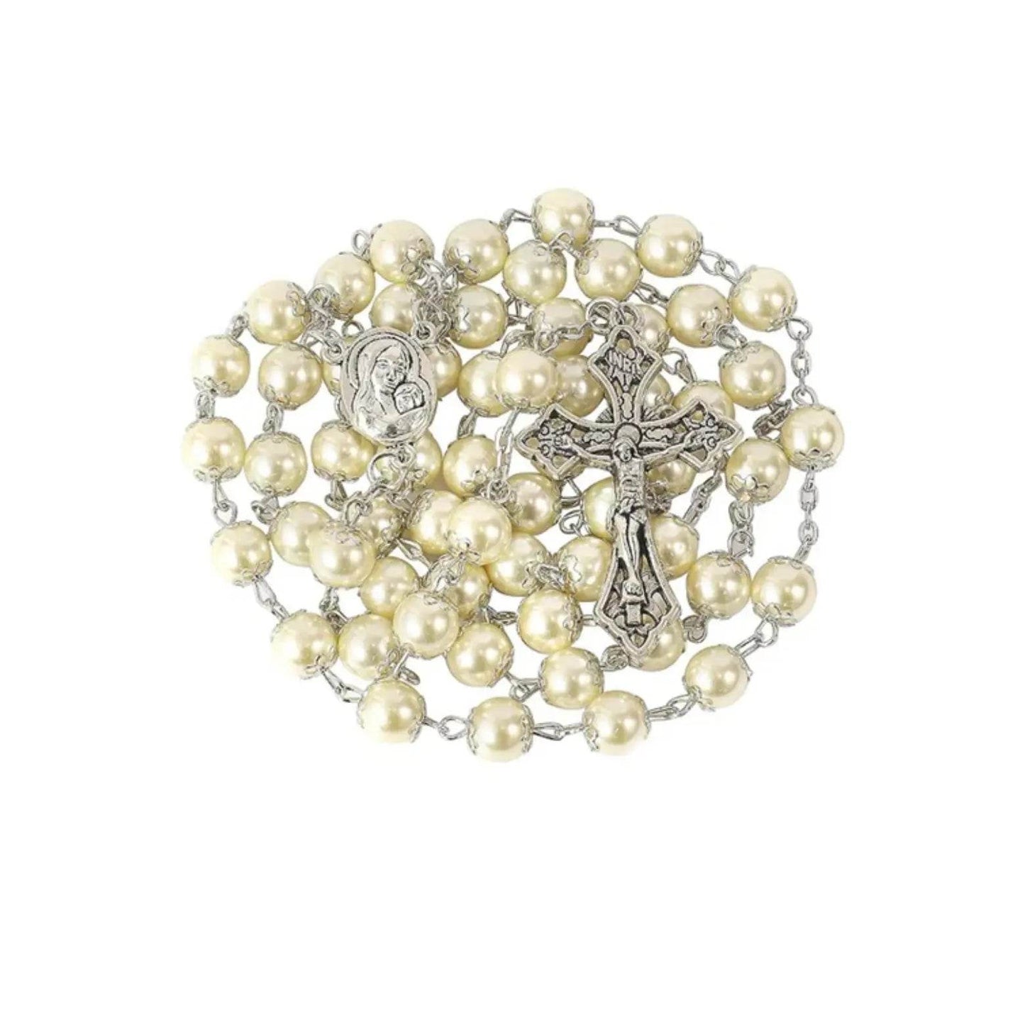 Cream Beads Pearl Rosary Chaplet Holy Soil Medal & Cross - Nazareth Store