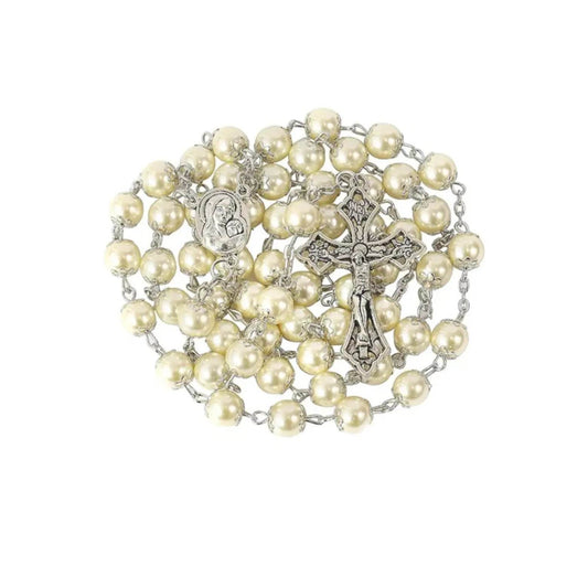 Cream Beads Pearl Rosary Chaplet Holy Soil Medal & Cross - Nazareth Store