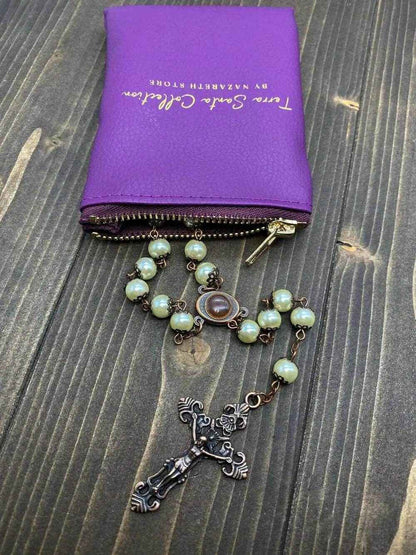 Cream Pearl Beads Rosary Necklace Holy Soil Medal Vintage Design Rosary
