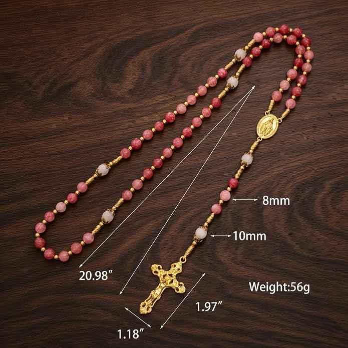 Strawberry Quartz Rosary Necklace White Jade Beads with Miraculous Medal & Cross