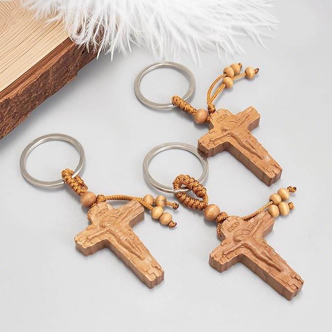 3pcs Wooden Crucifix Keychain Set Hand-Carved Peach Wood with Beaded Rope - Nazareth Store - Retail