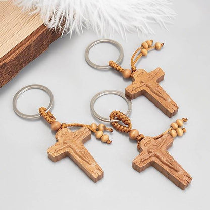 3pcs Wooden Crucifix Keychain Set Hand-Carved Peach Wood with Beaded Rope - Nazareth Store - Retail