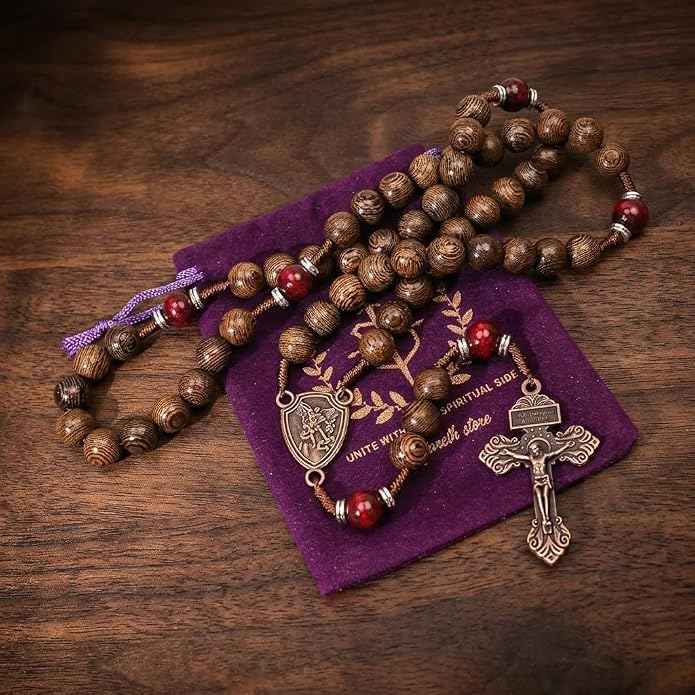 Handmade Wooden Beads Rosary Necklace with Saint Michael Medal & Crucifix Religious Gift