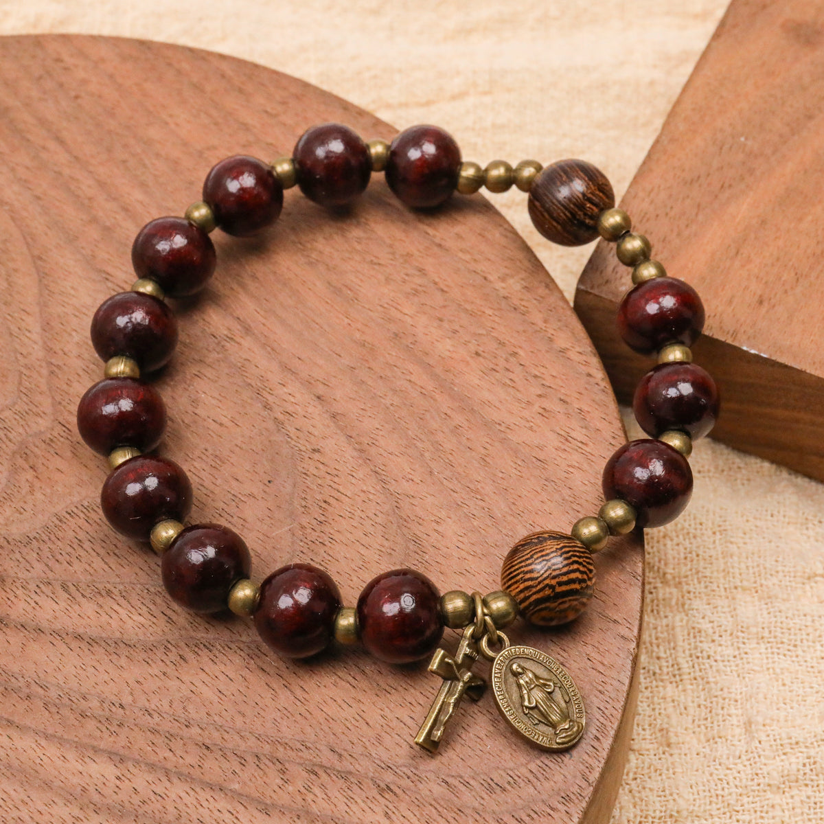 Dark Brown Wooden Bead Rosary Bracelet with Antique Bronze Miraculous Medal & Cross