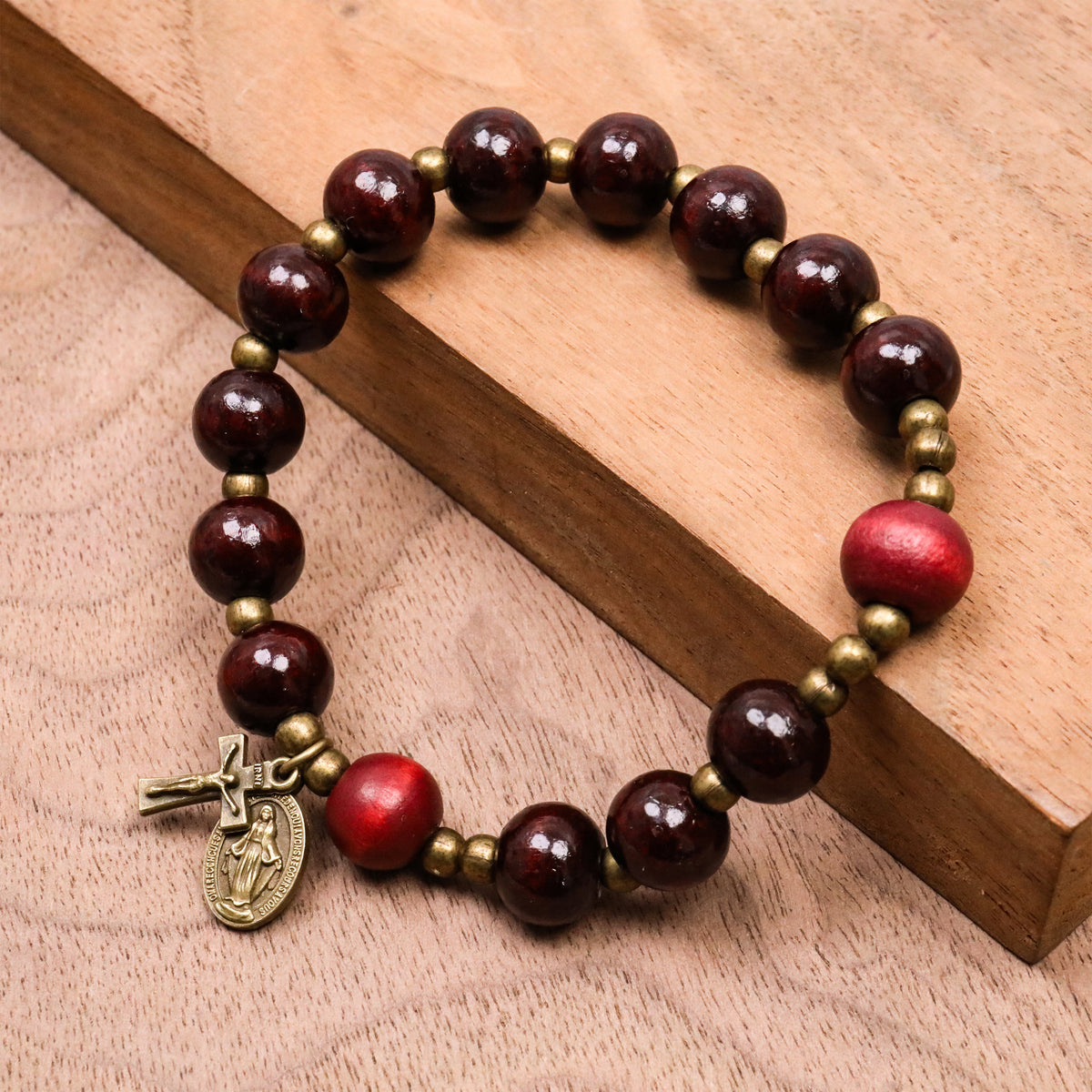 Dark Red Wooden Bead Rosary Bracelet with Antique Bronze Miraculous Medal & Cross