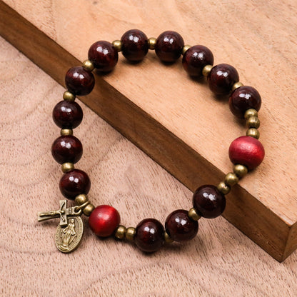 Dark Red Wooden Bead Rosary Bracelet with Antique Bronze Miraculous Medal & Cross