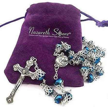 Blue Crystallized Glass Beads Rosary Prayer Necklace Holy Soil Medal & Cross Crucifix