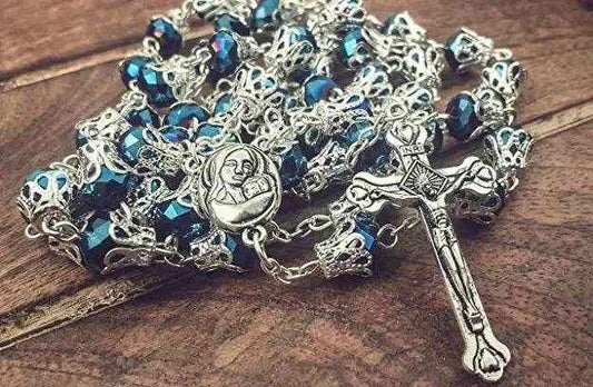 Blue Crystallized Glass Beads Rosary Prayer Necklace Holy Soil Medal & Cross Crucifix