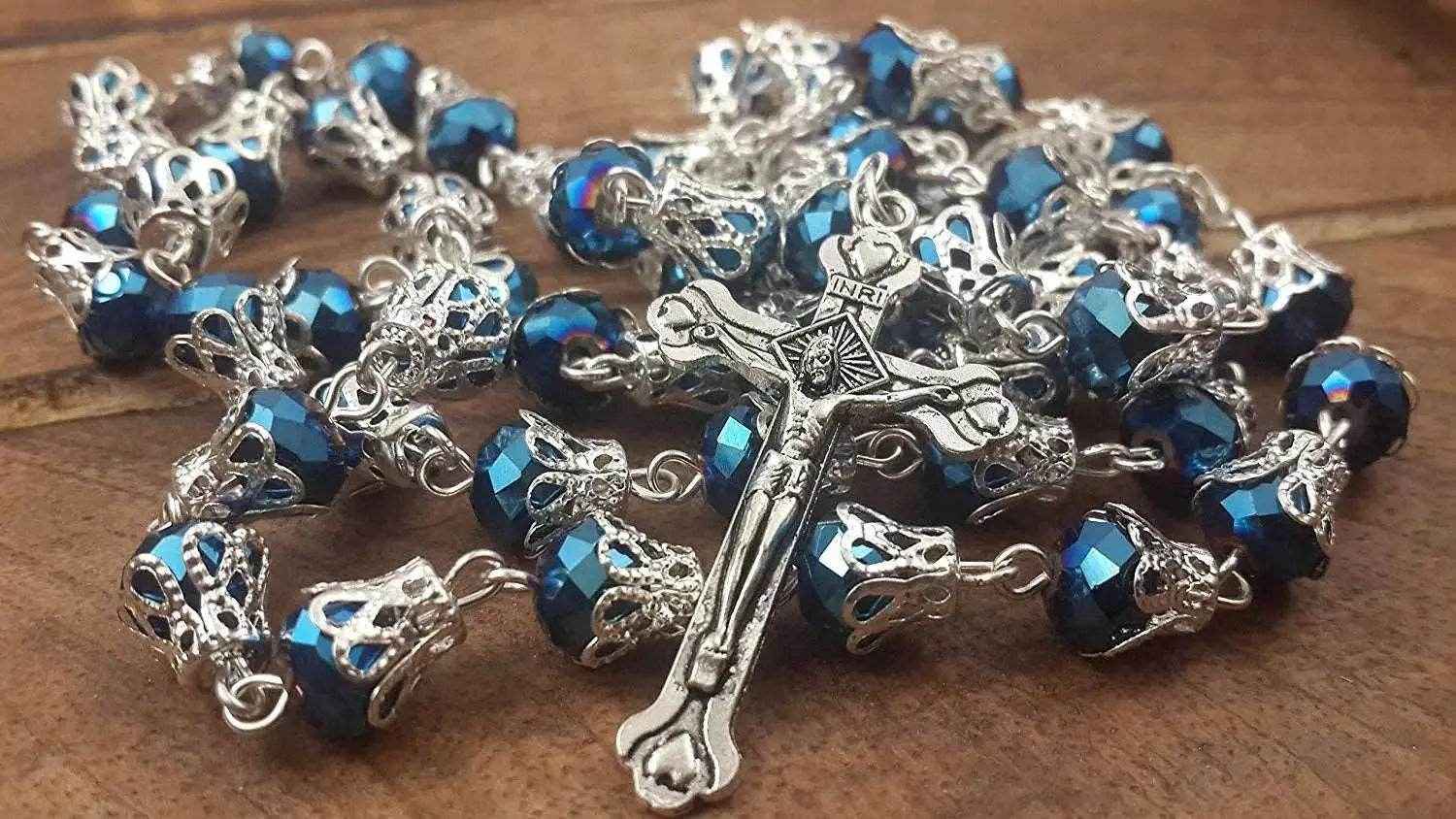 Blue Crystallized Glass Beads Rosary Prayer Necklace Holy Soil Medal & Cross Crucifix
