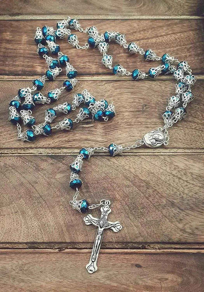 Blue Crystallized Glass Beads Rosary Prayer Necklace Holy Soil Medal & Cross Crucifix