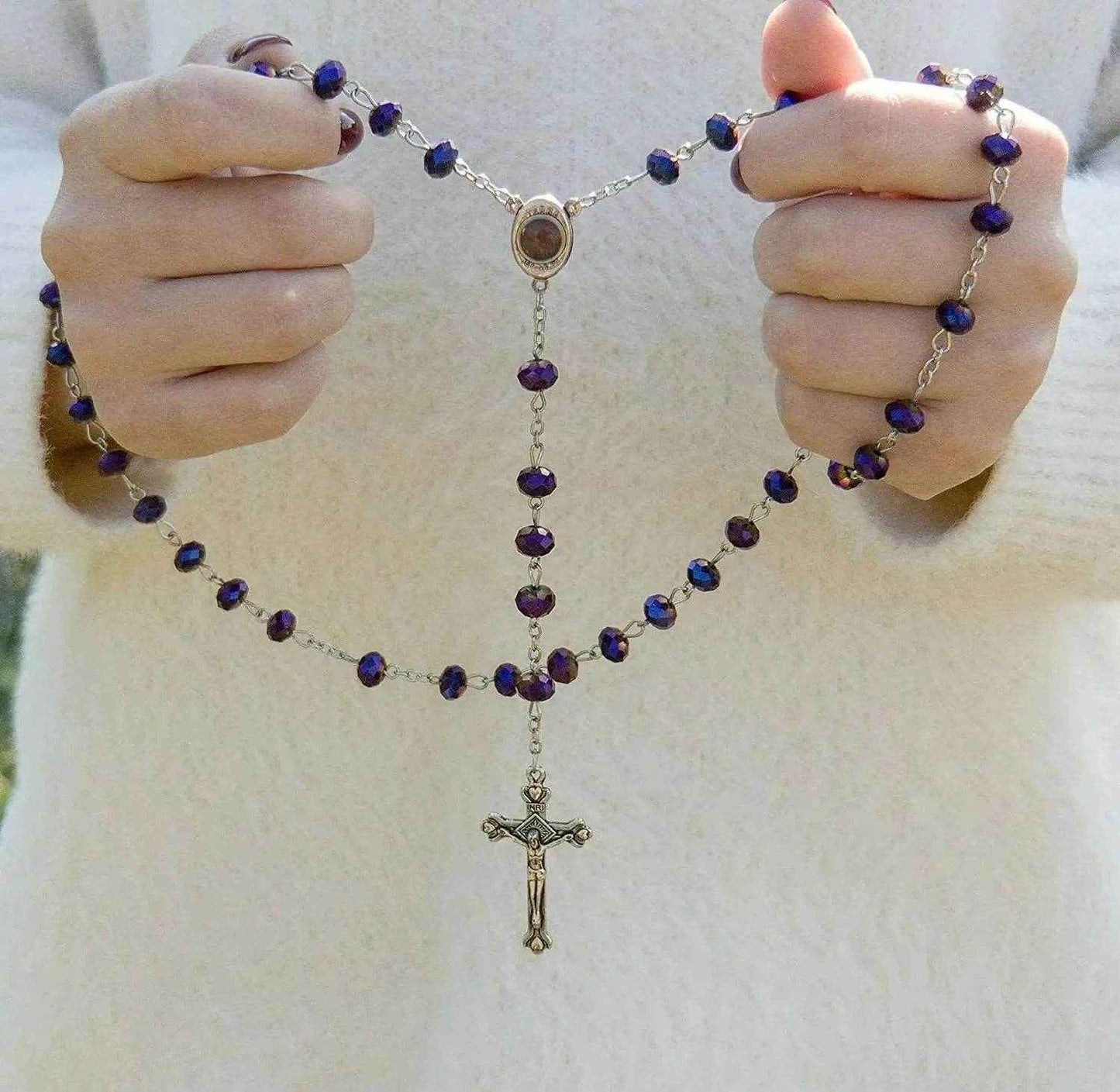 Deep Purple Beads Rosary Necklace Crystallized Chaplet Holy Soil & Cross
