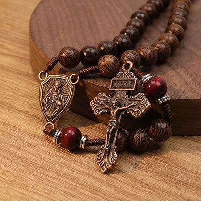 Handmade Wooden Beads Rosary Necklace with Our Father Medal & Crucifix Religious Gift