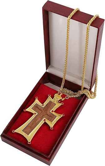 Wooden Cross Pendant Gold Plated Red Stone Necklace