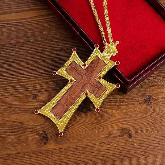 Wooden Cross Pendant Gold Plated Red Stone Necklace