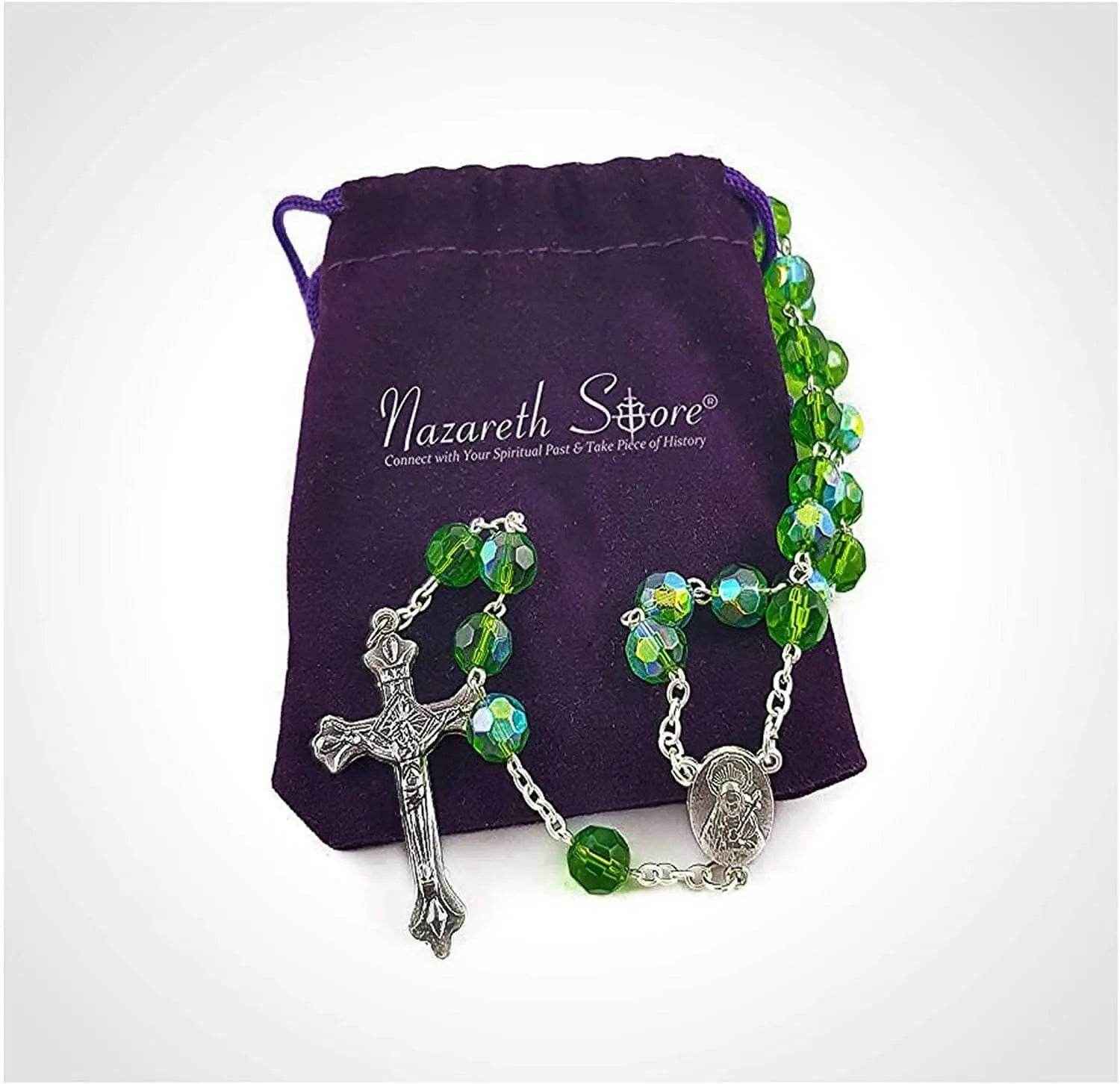 Green Glass Beads Rosary Necklace Catholic Holy Mary Medal
