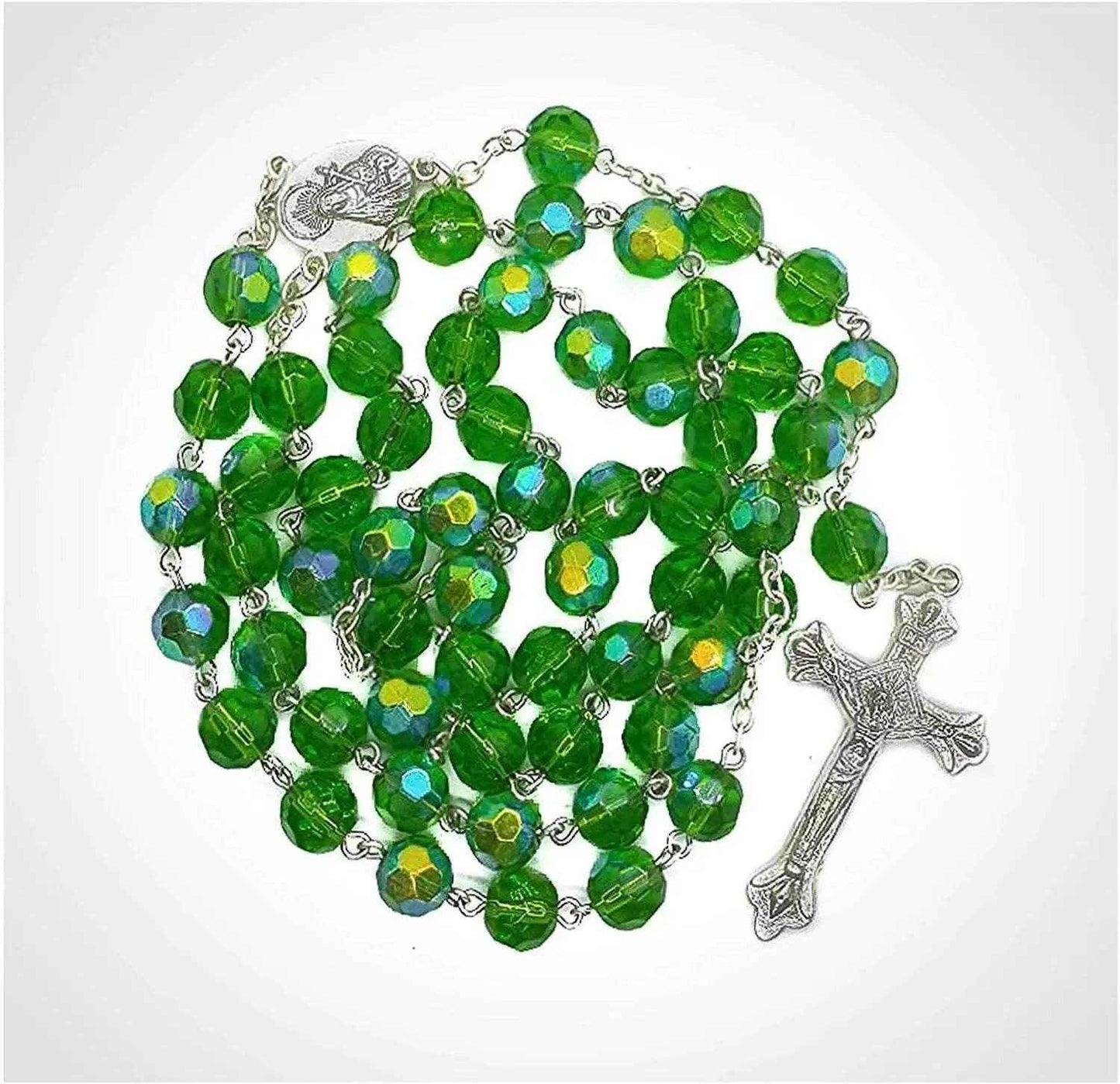 Green Glass Beads Rosary Necklace Catholic Holy Mary Medal