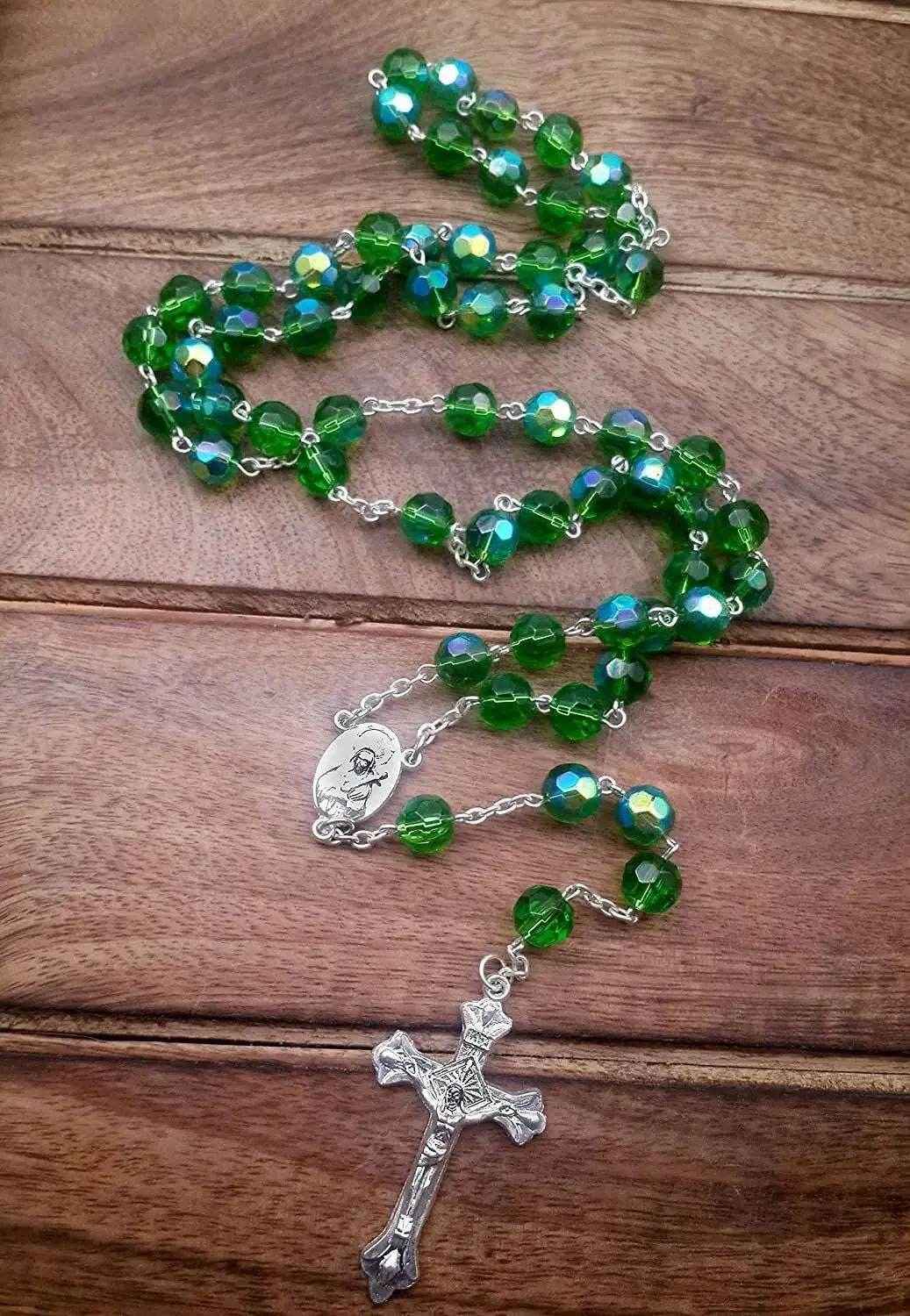Green Glass Beads Rosary Necklace Catholic Holy Mary Medal