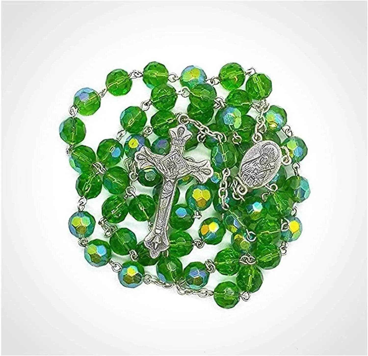 Green Glass Beads Rosary Necklace Catholic Holy Mary Medal