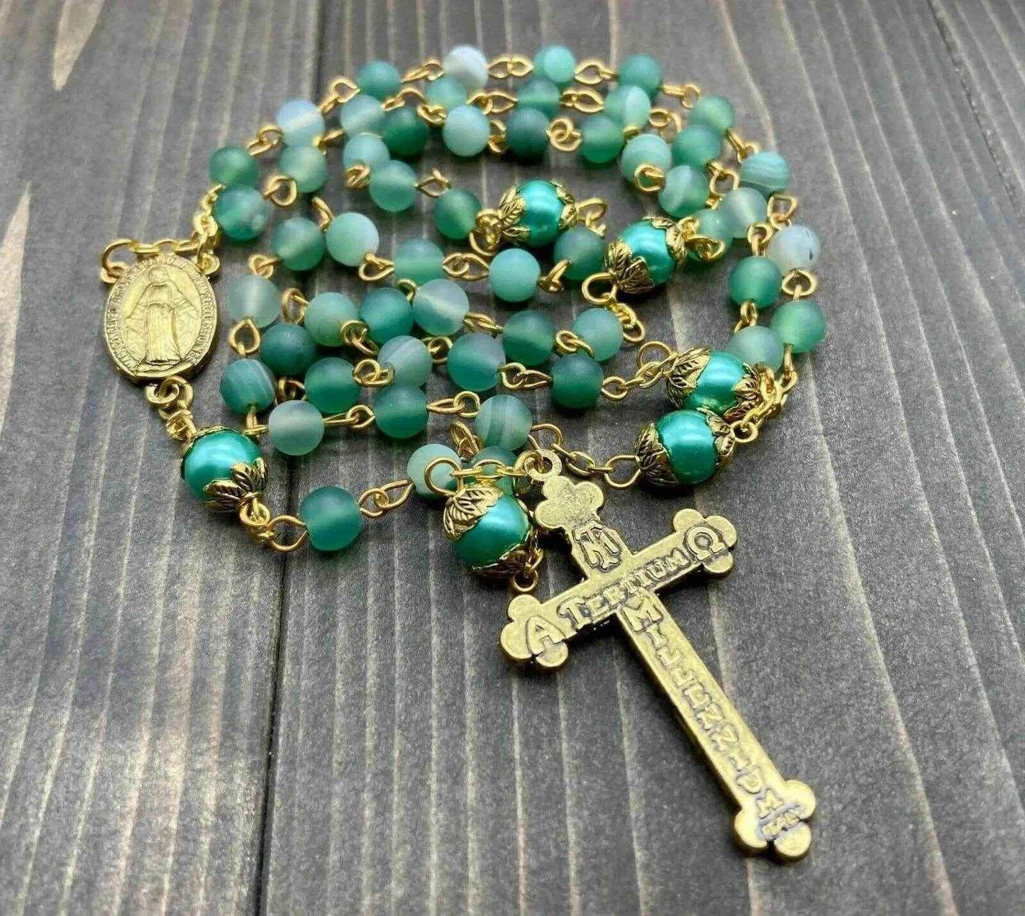Green Matte Beads Rosary Necklace Catholic Miraculous Medal & Cross Crucifix