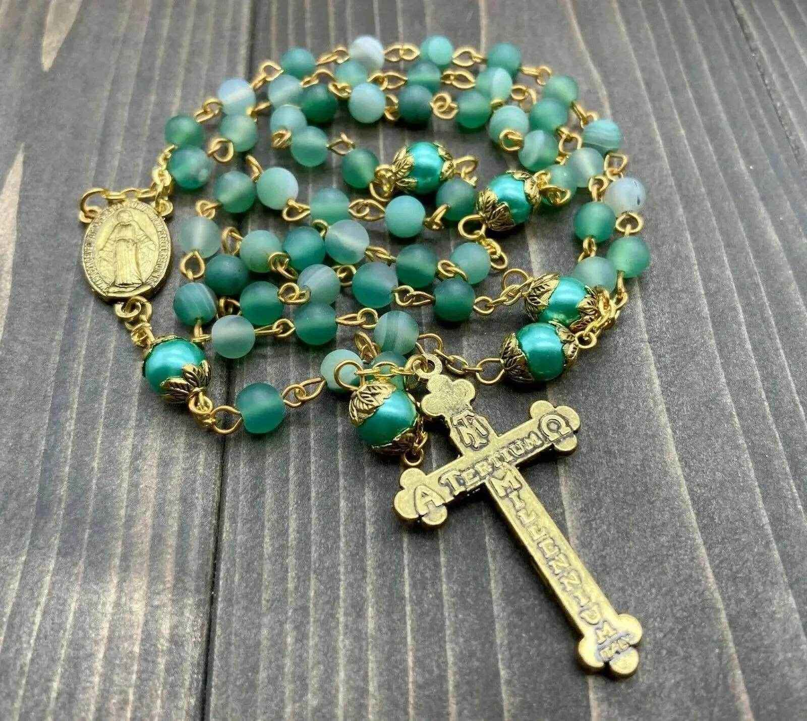 Green Matte Beads Rosary Necklace Catholic Miraculous Medal & Cross Crucifix