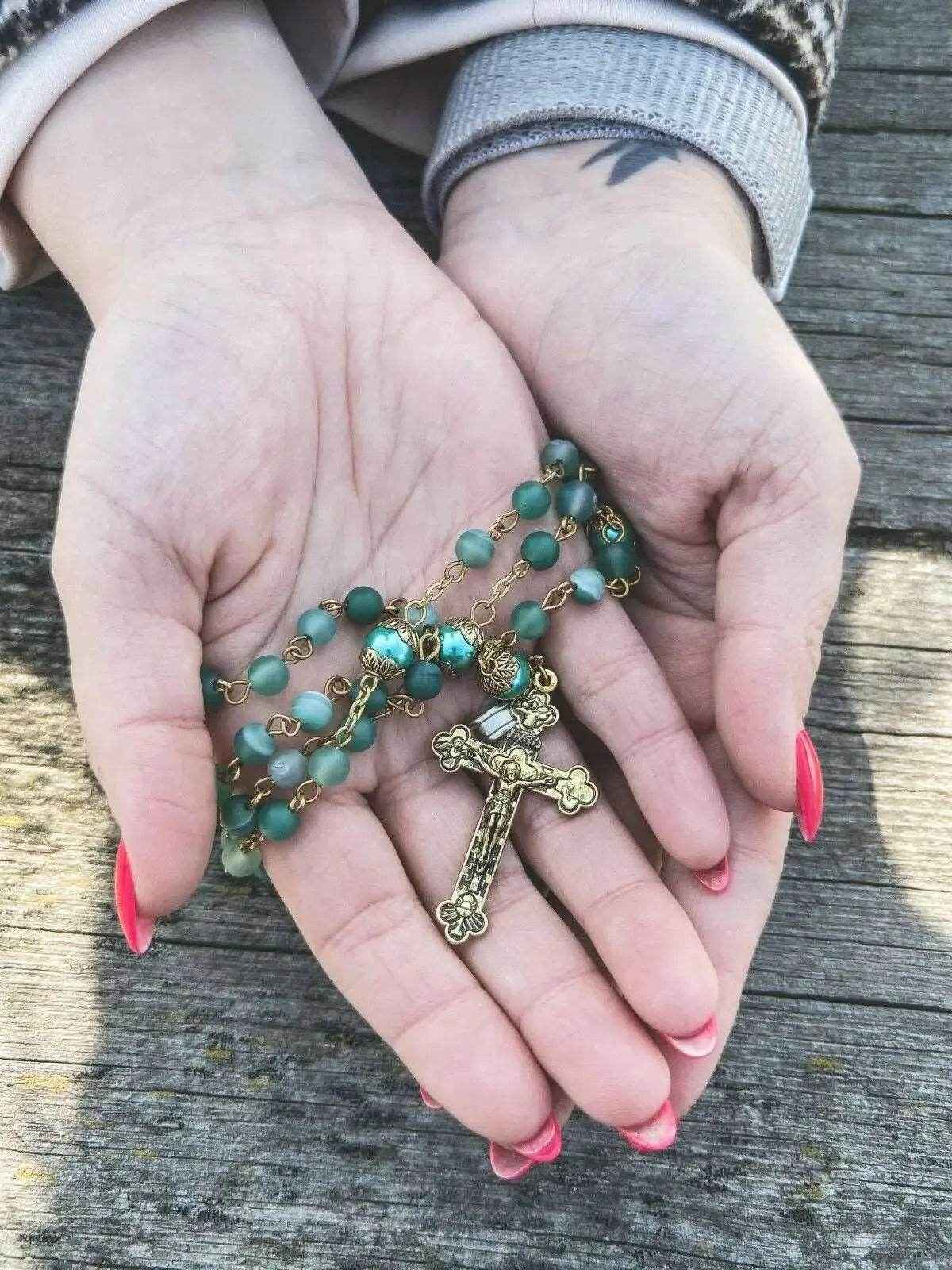 Green Matte Beads Rosary Necklace Catholic Miraculous Medal & Cross Crucifix