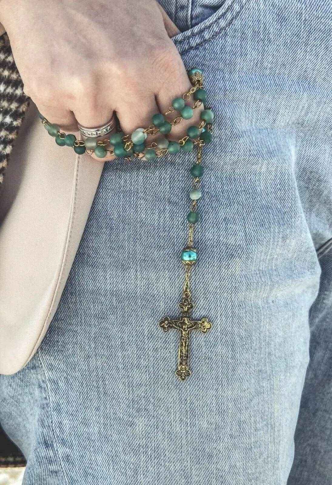 Green Matte Beads Rosary Necklace Catholic Miraculous Medal & Cross Crucifix