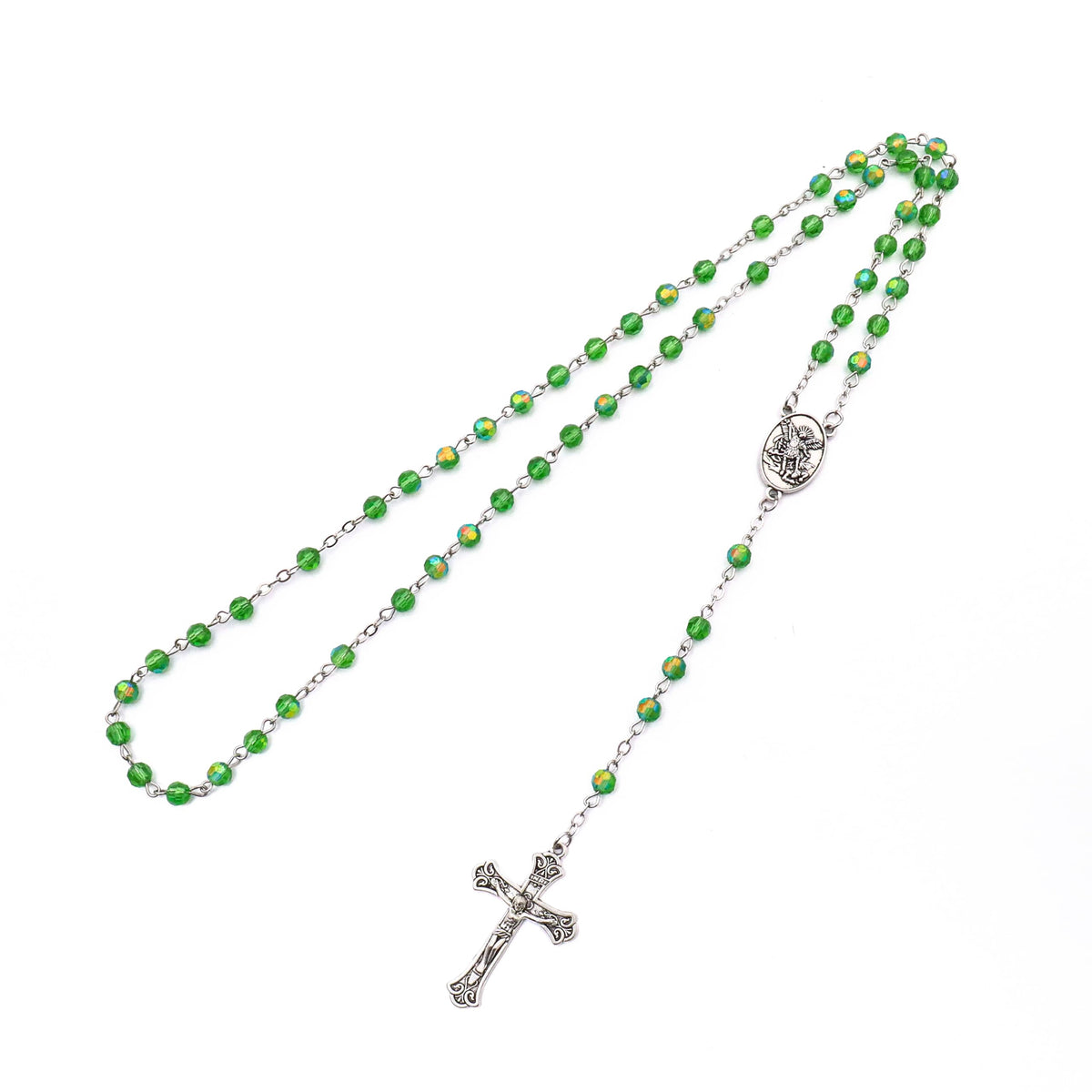 Green Crystallized Glass Beads Catholic Rosary Necklace with St. Michael Medal & Crucifix