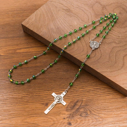 Green Crystallized Glass Beads Rosary Necklace with St. Benedict Medal & Crucifix