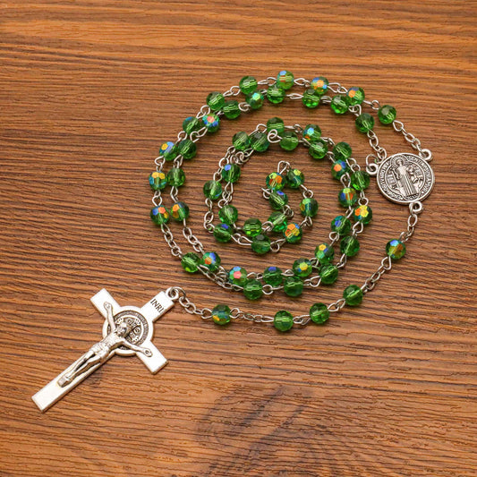 Green Crystallized Glass Beads Rosary Necklace with St. Benedict Medal & Crucifix