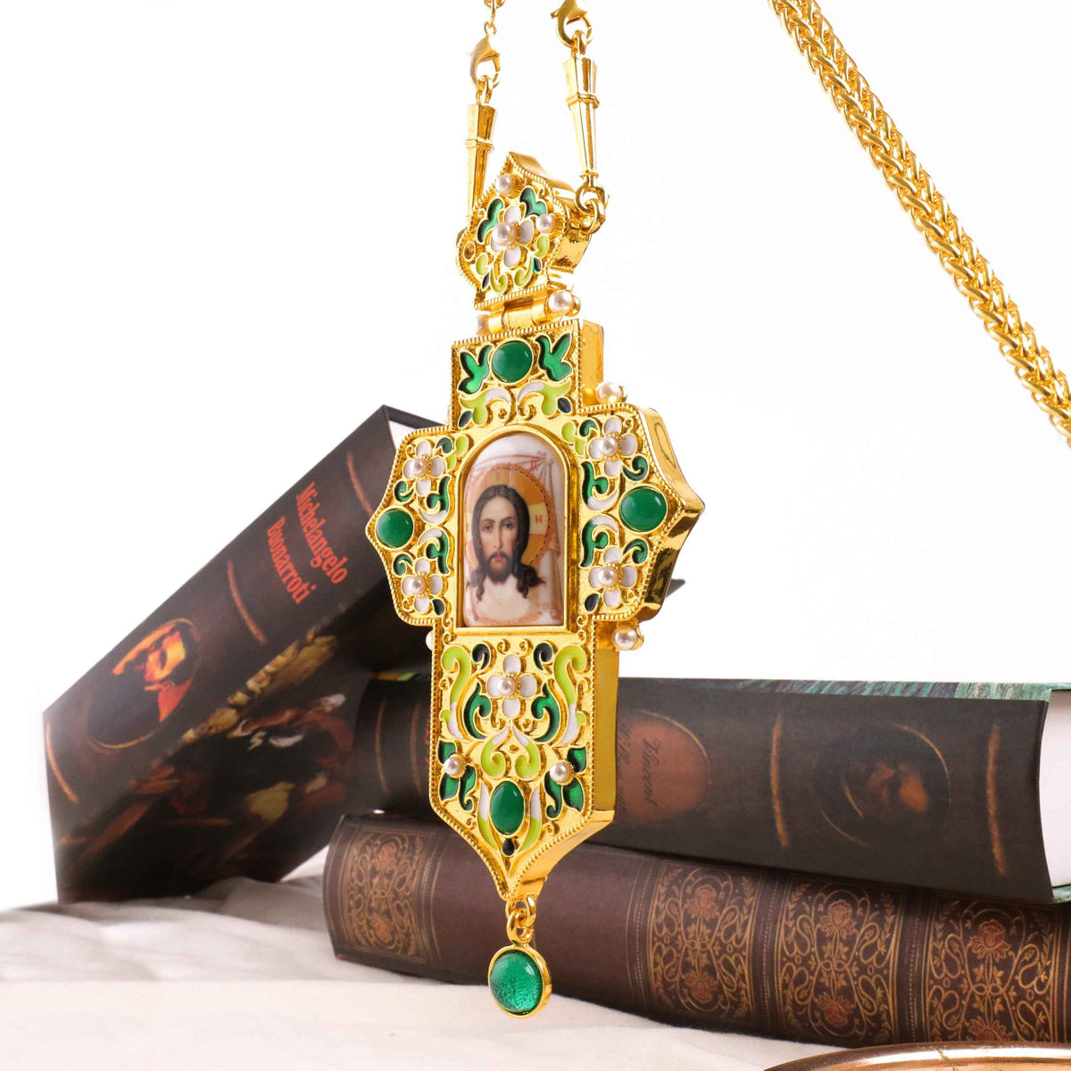 Green Enamel Orthodox Cross Pendant Gold Plated Crucifix Necklace