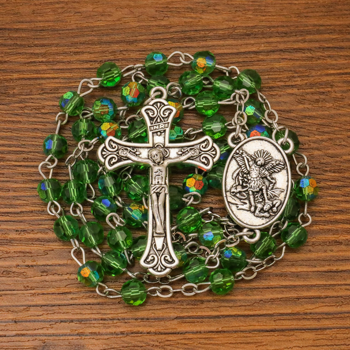 Green Crystallized Glass Beads Catholic Rosary Necklace with St. Michael Medal & Crucifix