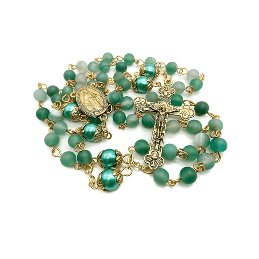 Green Matte Beads Rosary Necklace Catholic Miraculous Medal & Cross Crucifix