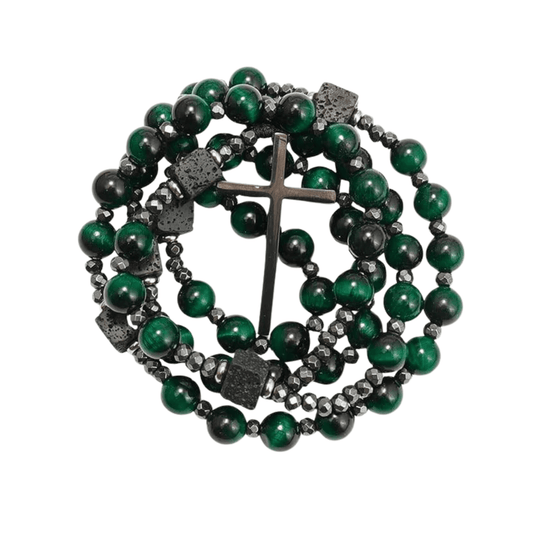 Green Tiger Eye & Lava Stone 9mm Beads Rosary Necklace with Black Alloy Cross - Nazareth Store