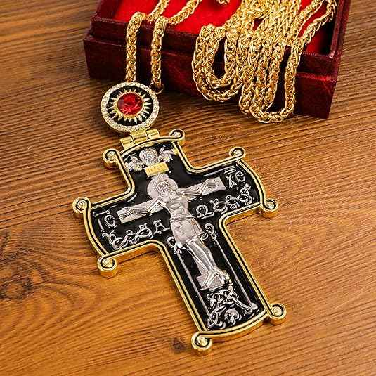 18K Gold Plated Black Pectoral Cross Pendant Red Stone Crucifix Necklace
