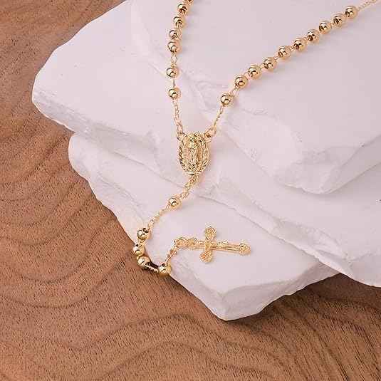 18K Gold Bronze Rosary Necklace Our Lady of Guadalupe & Crucifix with 4mm Prayer Beads