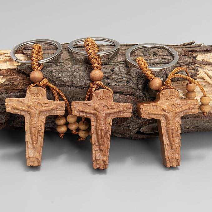 3pcs Wooden Crucifix Keychain Set Hand-Carved Peach Wood with Beaded Rope - Nazareth Store - Retail