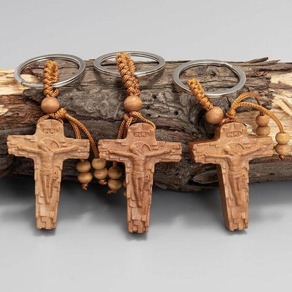 3pcs Wooden Crucifix Keychain Set Hand-Carved Peach Wood with Beaded Rope - Nazareth Store - Retail