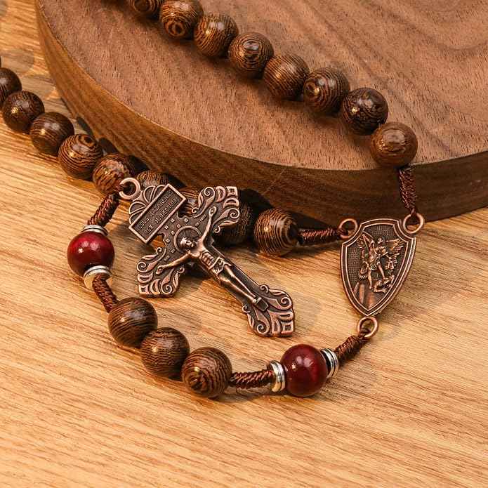 Handmade Wooden Beads Rosary Necklace with Saint Michael Medal & Crucifix Religious Gift