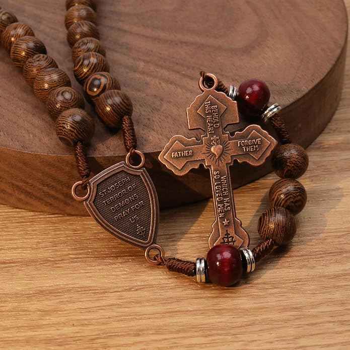 Handmade Wooden Beads Rosary Necklace with St. Joseph Medal & Crucifix Religious Gift